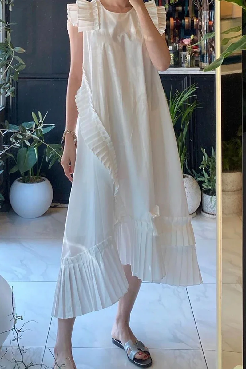 

Women Summer Korean Style 2023 Round Neck Elegant White Dress Ladies Solid Color Casual Loose New Fashion Irregular Long Dress