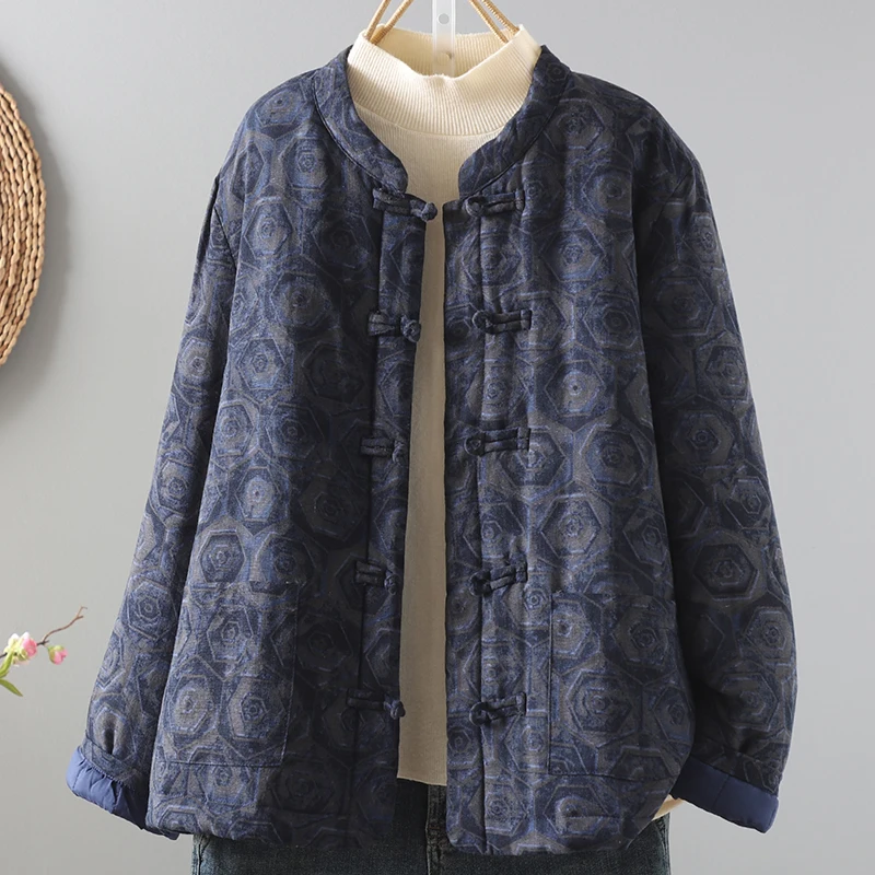 

Thickened Cotton Jacket Retro Style Women's Winter Coat Old Cloth Linen Chinese Hanfu Cotton Mao Clothes Long Sleeve Printed