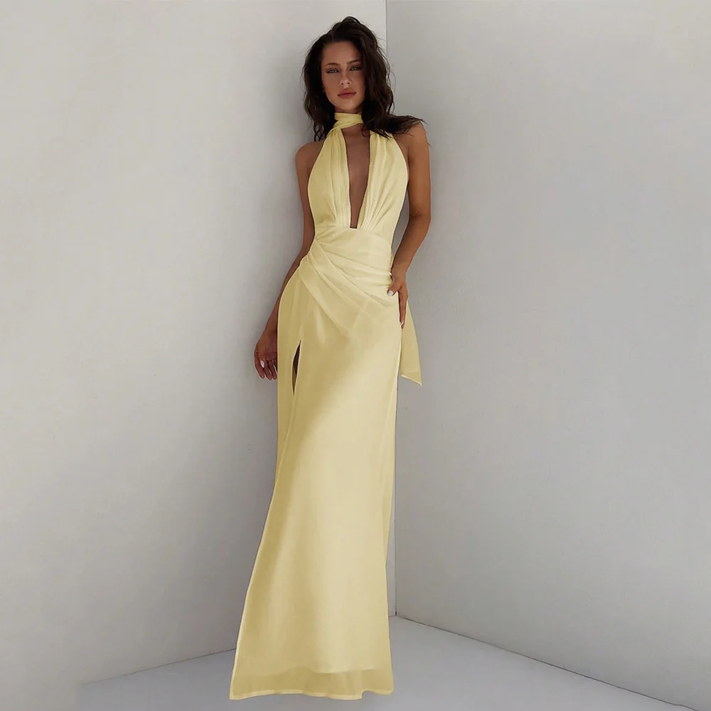 

Customized Sexy Simple Evening Dresses Jersey for Floor-Length Halter Backless Prom Dress Straight High Slit Robes De Soirée