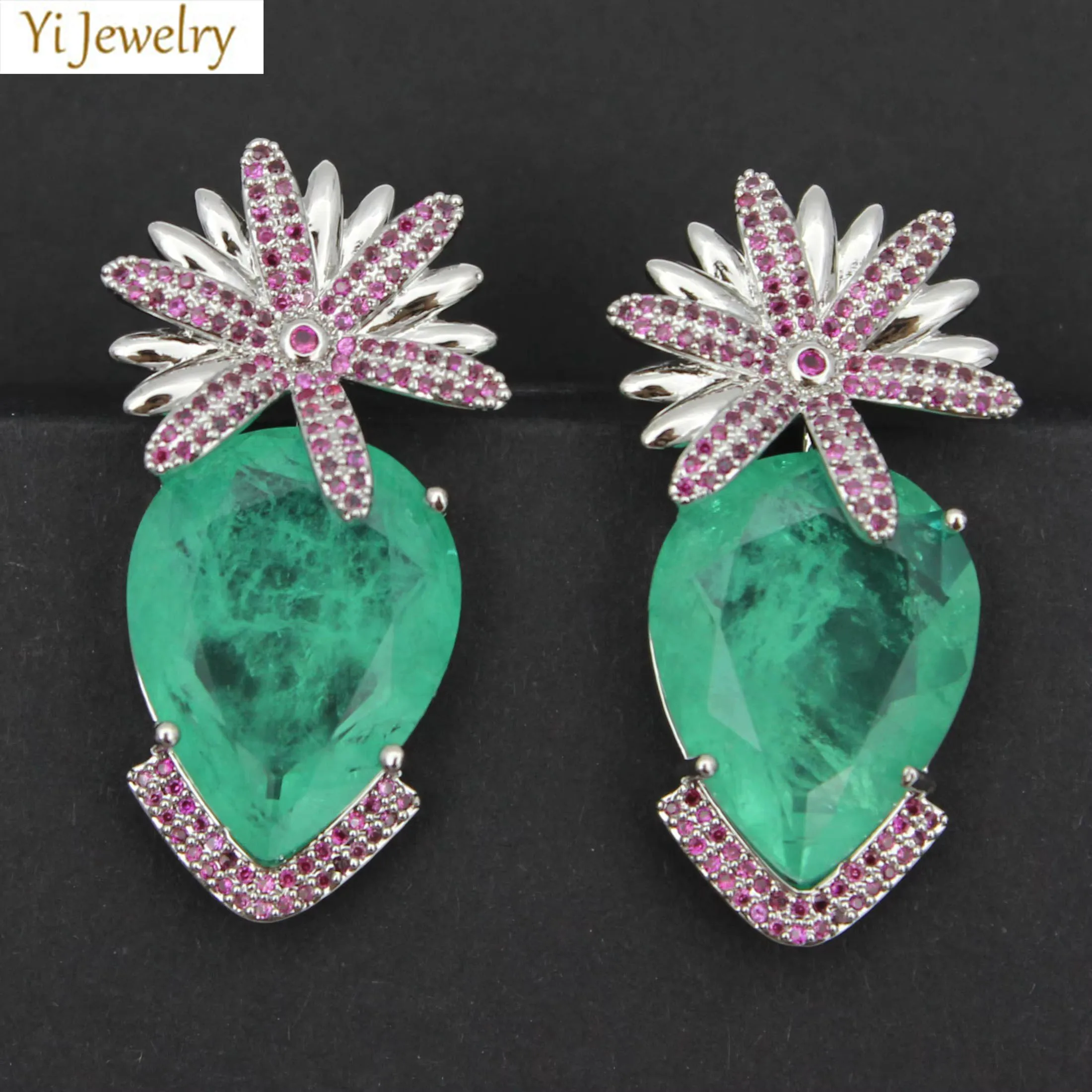 

Luxury Jewelry Daisy Stud Earrings for Women Green Fushia Water Drop Flower Heart Earrings Evening Party Jewelry Gift