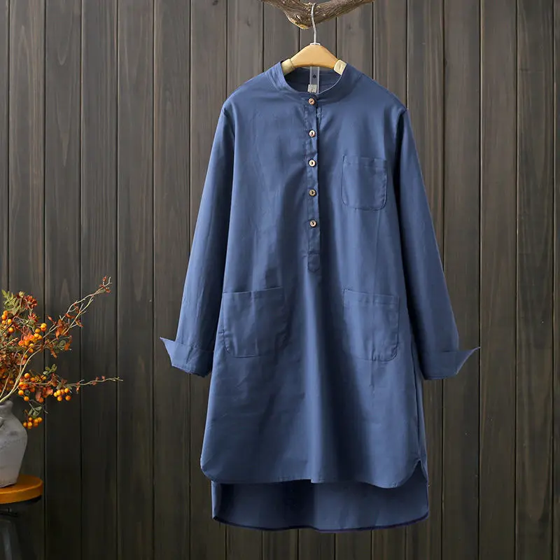 Cotton Shirts Womens 2022 Autumn Fall Stand Collar Loose Linen Blouse Female Front Pockets Solid Color Long Sleeve Tops Women
