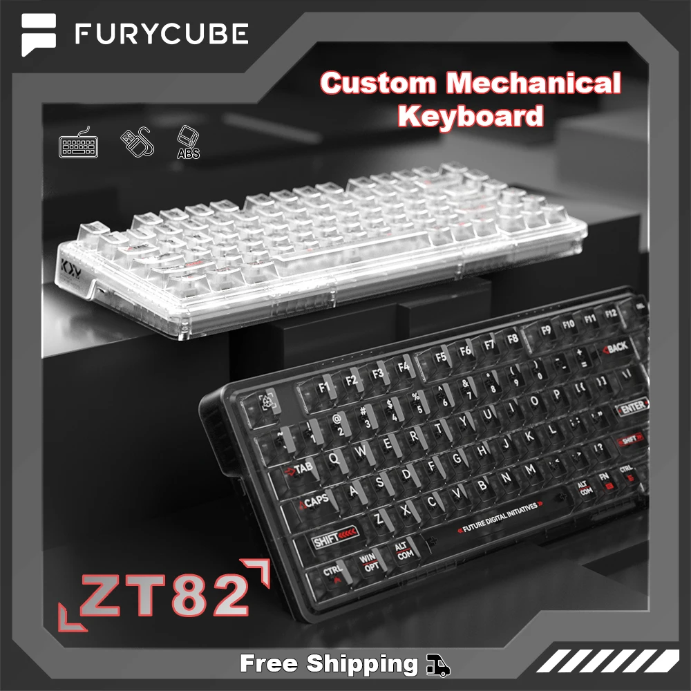 FURYCUBE ZT82 لوحة مفاتيح ميكانيكية RGB قابلة للتخصيص مع اتصال سلكي وبلوتوث 2.4G، علبة أكريليك، غطاء مفاتيح PBT