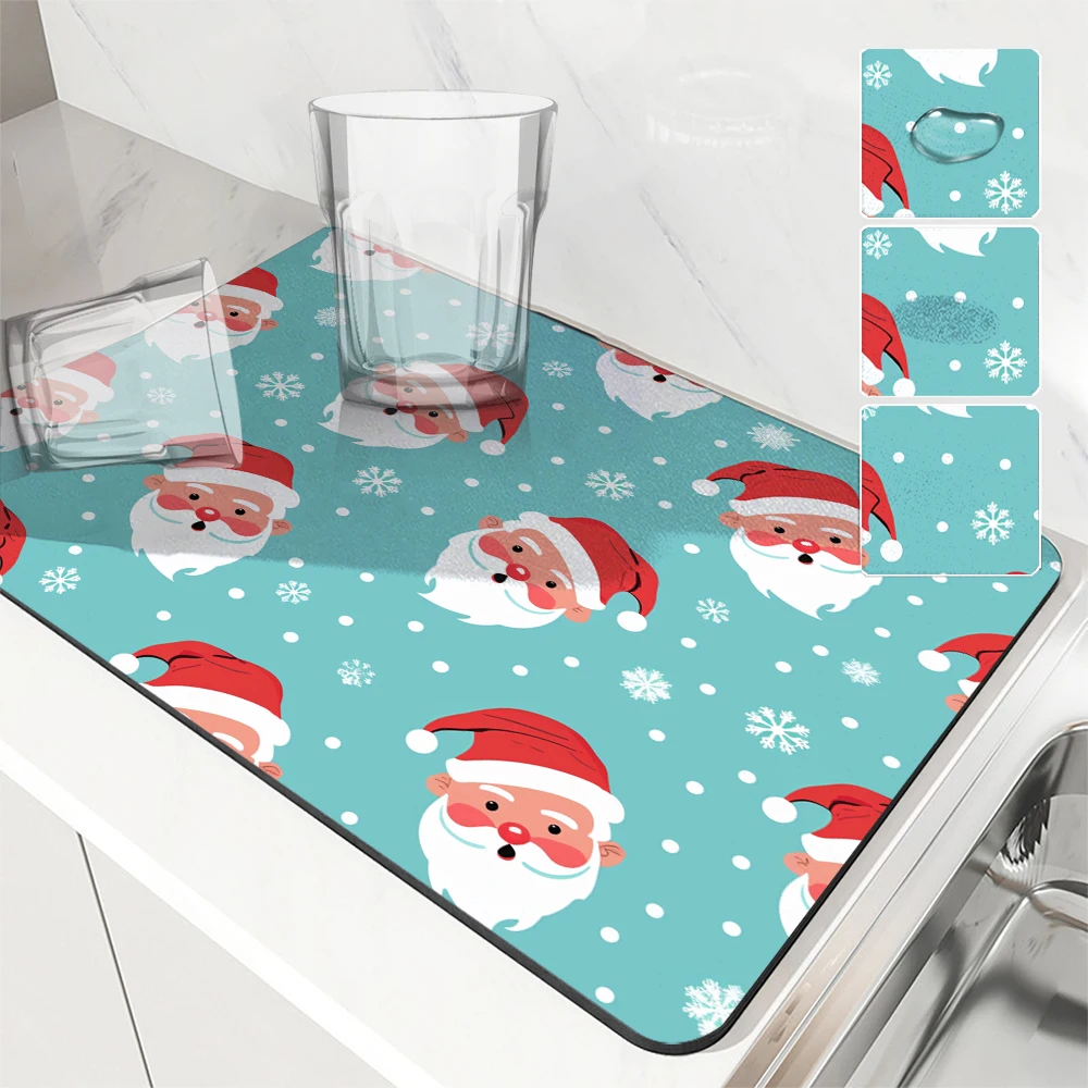 Absorbent Mat Christmas Santa Holly Leaf Berry Snowflake Kitchen Antiskid Drying Mat Quick Dry Bathroom Drain Pad Tableware Mat