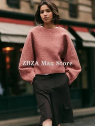 ZBZA Damska bluza boucle pulower Okrągły dekolt długie rękawy balonowe Jednokolorowy patchwork luźny oversizowy sweter ze sztucznej wełny jesień zima Nowy Kobiecy szykowny top