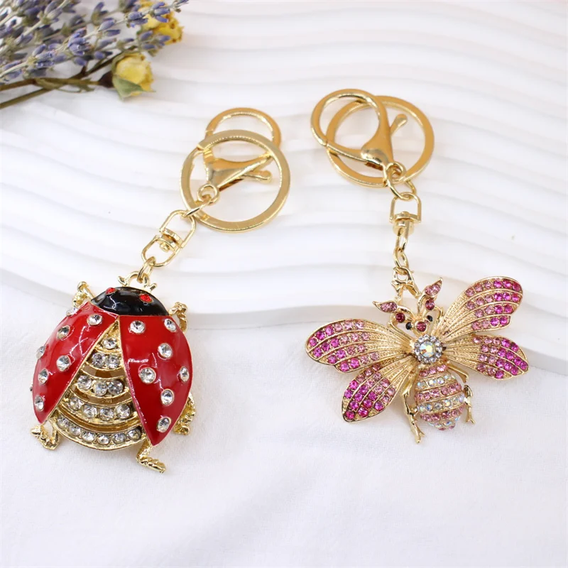 Creative Rhinestone Bee Keychain And Cute Red Ladybug Insect Pendant Keyring For Women Handbag Charm Jewelry