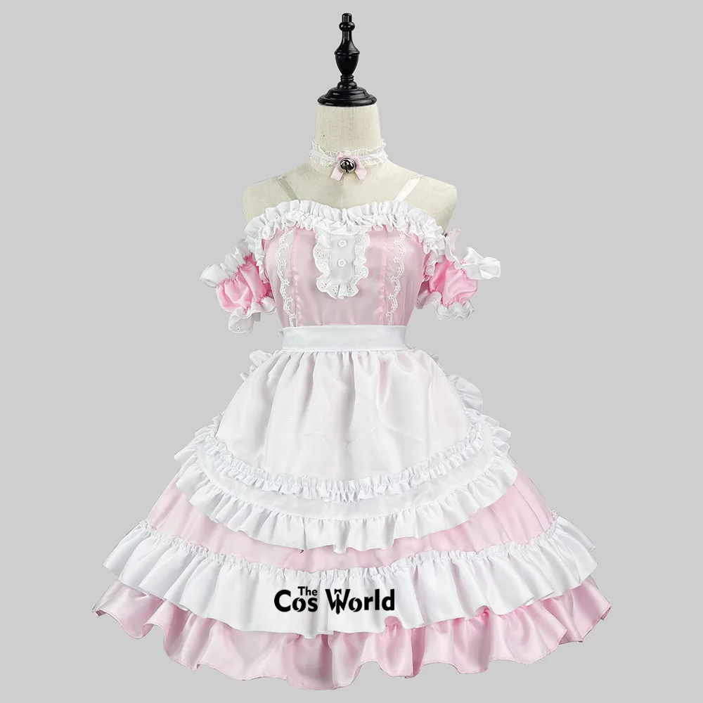 S-5XL Japanese Pink White Sexy Maidservant Maid Restaurant Apron Dress Uniform Outfits Anime Cosplay Costume