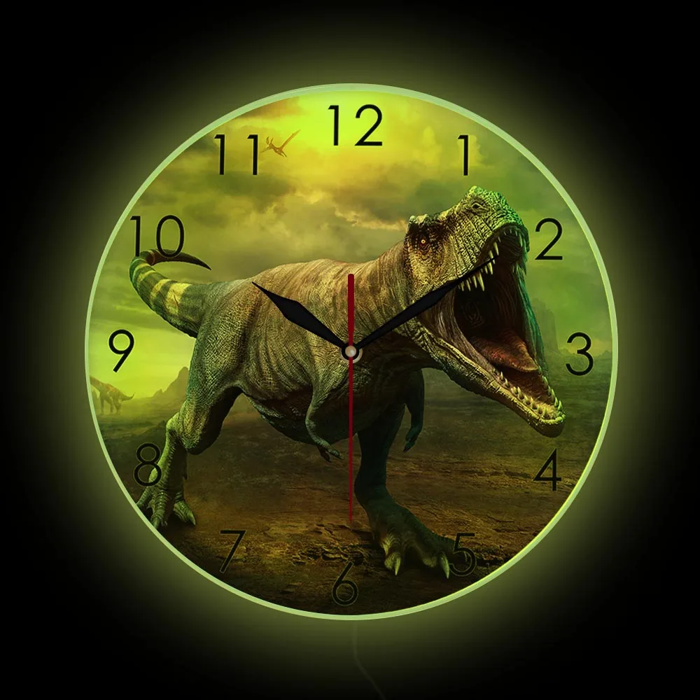 

T-Rex Tyrannosaurus LED Neon Light Wall Clock For Kids Room Jurassic Period Dinosaur Home Decor Silent Non-ticking Wall Clock