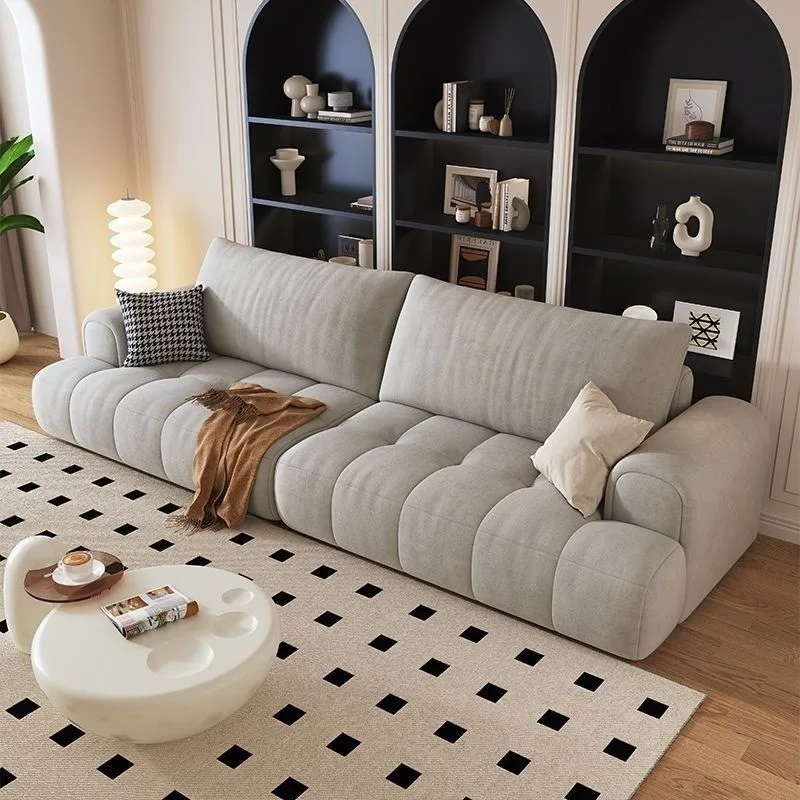 

Cream wind puff sofa small apartment rental room living room simple modern Internet celebrity fabric marshmallow straight sofa