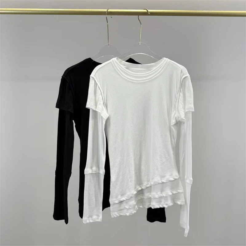 New Summer Women's Round Neck PatchworkElastic Slim Fit Cotton Linen Long Sleeve T-Shirt y2k FashionSports Casual Base Layer Top
