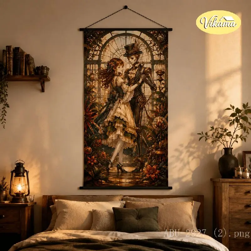 VIKAMA Steampunk Couple Dancing Tapestry Mechanical Gentleman Greenhouse Victorian Art Wall Hanging for Bedroom Aesthetic Decor