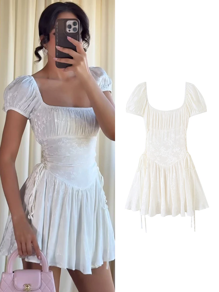 TFMLN New 2026 Women Mini Dress Square Collar Puff Short Sleeve A Line Dresses Elegant Slim Fit Bandage Party Summer Clothing