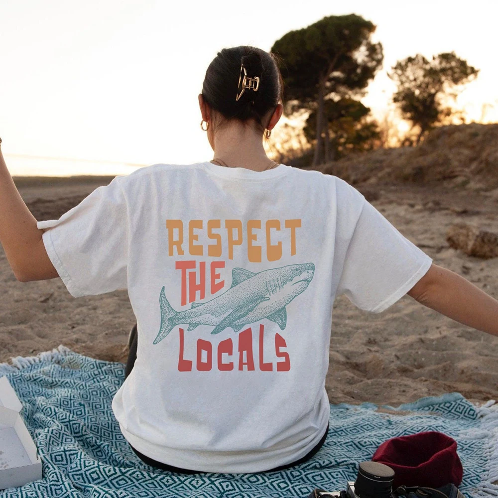

2024 Respect The Locals Shark Print T Shirt Women Fashion Trendy T-shirts Plus Size Tshirt Female Comfortable Prevalent Tee