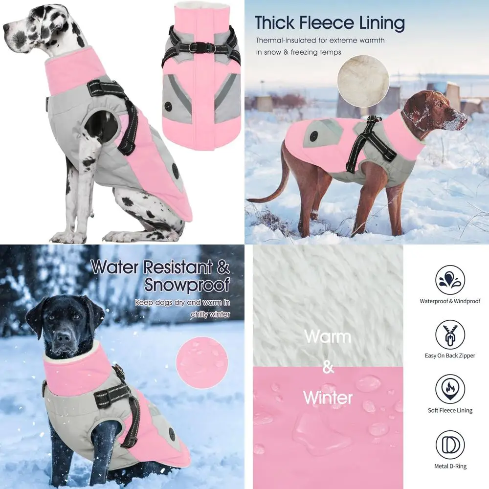 

Светоотражающее водонепроницаемое флисовое пальто для собак со встроенной шлейкой, 4XL, розовое, идеально подходит для крупных пород в холодную погоду