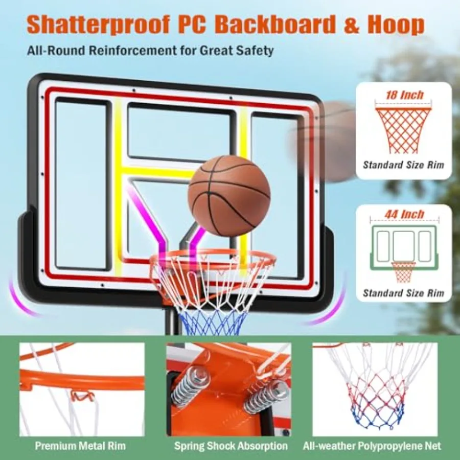 Portable Basketball Hoop Outdoor Height Adjustable Basketball Goal System for Adults with 44 Inch Shatterproof PC Backboard and