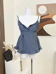 Checkerboard Plaid Vest Women Hot Vintage Camisole Casual Sleeveless Streetwear Harajuku Clothing Summer Lace Patchwork Crop Top