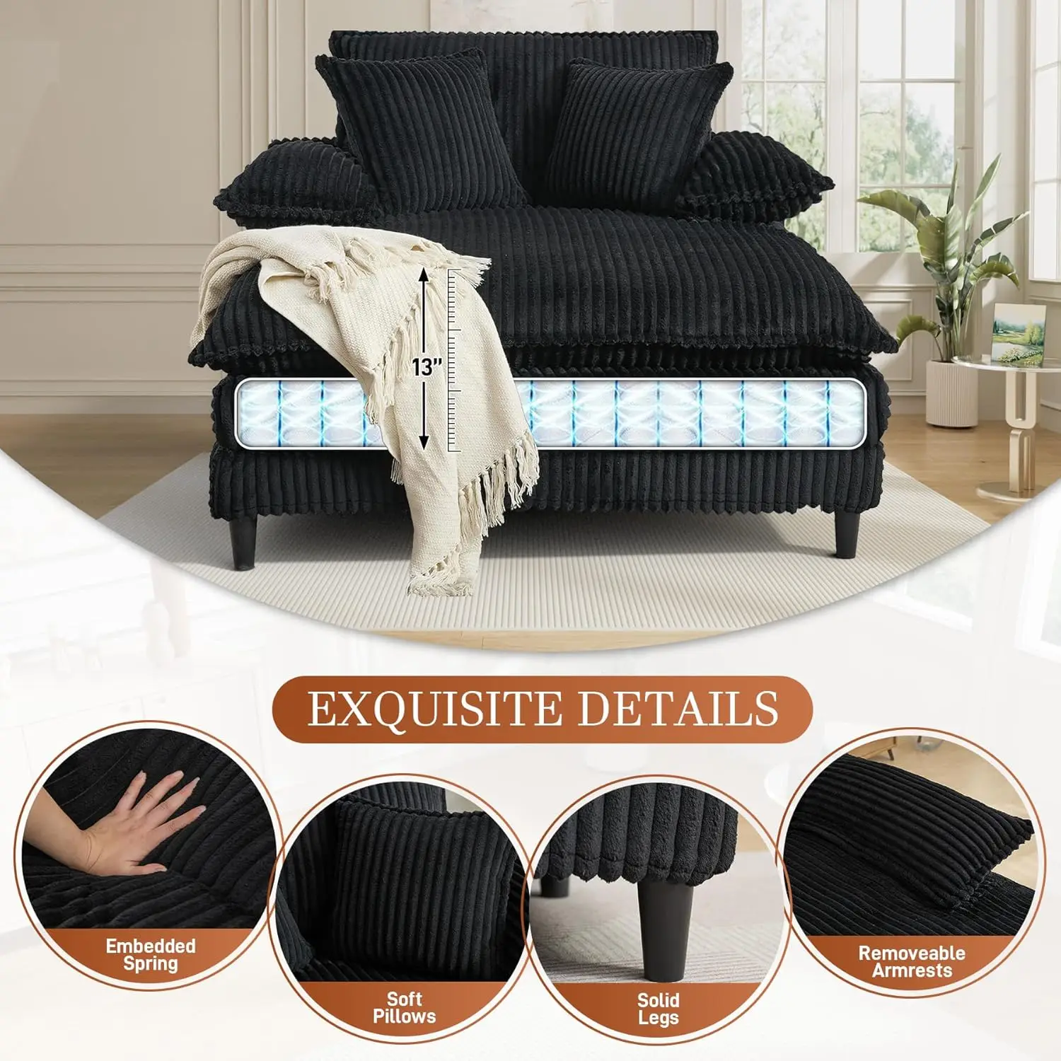 كرسي صالة كبير الحجم داخلي مع مسند ظهر قابل للتعديل، 57 وات × 60 دي كرسي سروال قصير مريح منفوش من القطيفة المنجدة