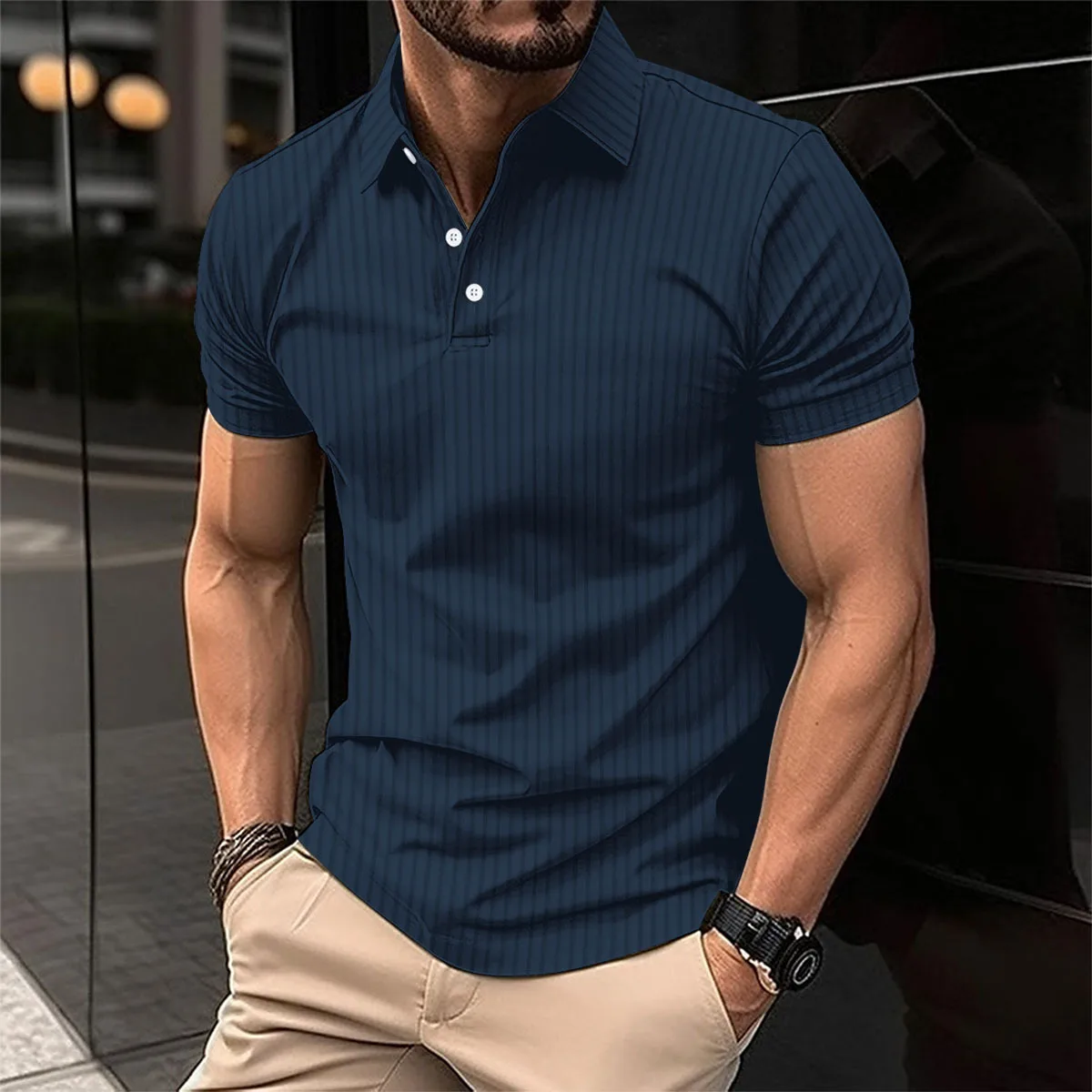 Men's summer new casual short sleeve breathable suit collar sports fitness casual elastic vertical bar short sleeve POLO shirt m