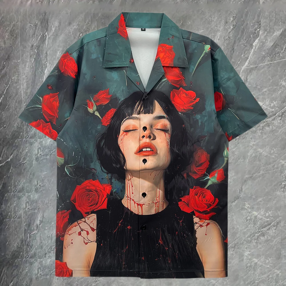 

European Style Short Sleeve Casual Shirt Party Dress Shirts Men Girl And Rose Shirts Men Camisa Social Masculina Ropa Hombre