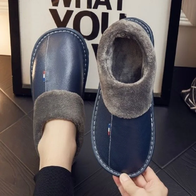 

Winter Fluffy Slippers Men Shoes 2025 Geunine Leather Leather Fur Slides Home Fuzzy Loafers Male's Footwear