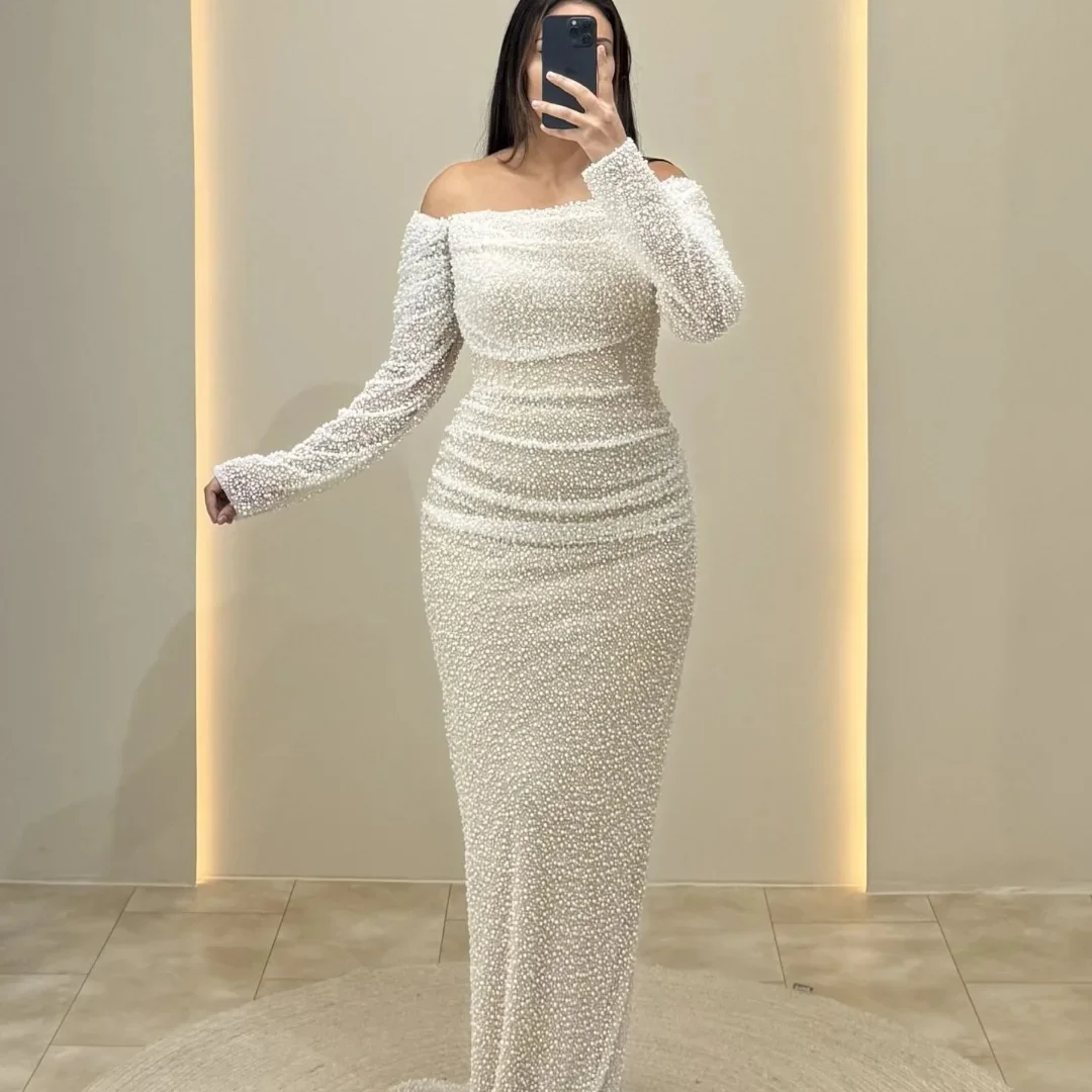 فستان سهرة فاخر مطرز بالكامل باللؤلؤ قبالة الكتف أنيق بطول الأرض حورية البحر للحفلات الراقصة الرسمية وحفلات الزفاف #1