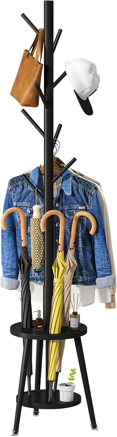 

Вешалка для одежды из бамбукового дерева, напольная, с держателем для зонтов, регулируемая по высоте, с 8 крючками, детская вешалка для одежды