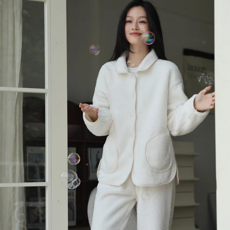 Winter New Warm Velvet Small Lapel Women's Pajamas Set, Simple And Casual, Thick Home Clothes Two-piece Set Nightwear Female