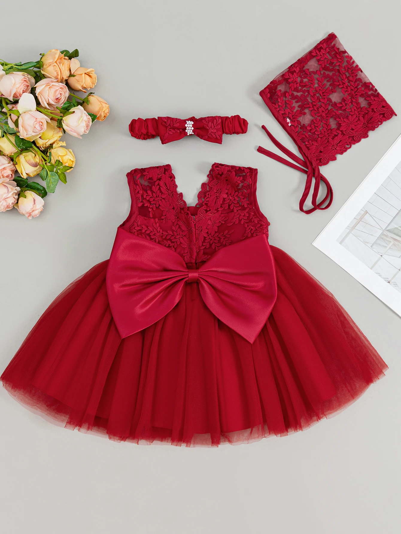 

A Birthday Party Wedding Dress Tailored Specifically For Girls Aged 0-2 Years Old Puffy Gauze Red Dress Set