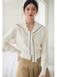 New Autumn Knitted Cardigan Women Casual Sailor Collar Slim Long Sleeve Sweater + Lace-up Shawl Two Piece Set Knitwear Korean