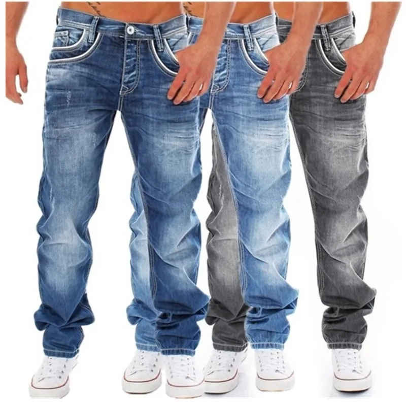 European and American New Fashion Trends Men's Polished White Zipper Old Loose Straight Open Line Trousers Jeans