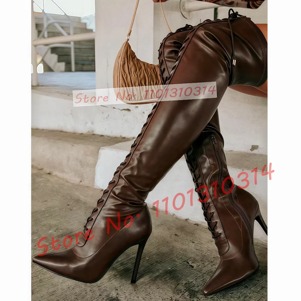 

Темно-коричневые эластичные длинные сапоги с перекрестной завязкой, женские пикантные туфли на высоком каблуке с острым носком, новые кожаные сапоги выше колена