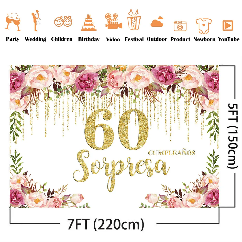 60th Surprise Birthday Backdrop Adult Theme Party Decoration Photo Background Rose Flowers Gold Glitter Birthday Photocall Decor