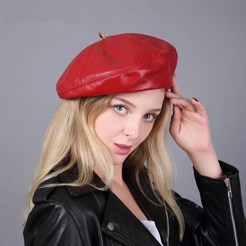 Spring/Winter 100% Real Leather Beret Hat Women Fashion European Pumpkin Painter Caps Female Rainbow Color White/Red Thin Boina