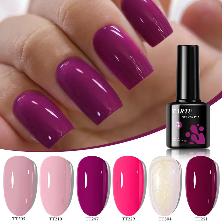 Un set di smalti gel semipermanenti a 6 colori in rosa verdastro, bianco crema, nudo e marrone rosso. UV/LED resistenti all'umidità.