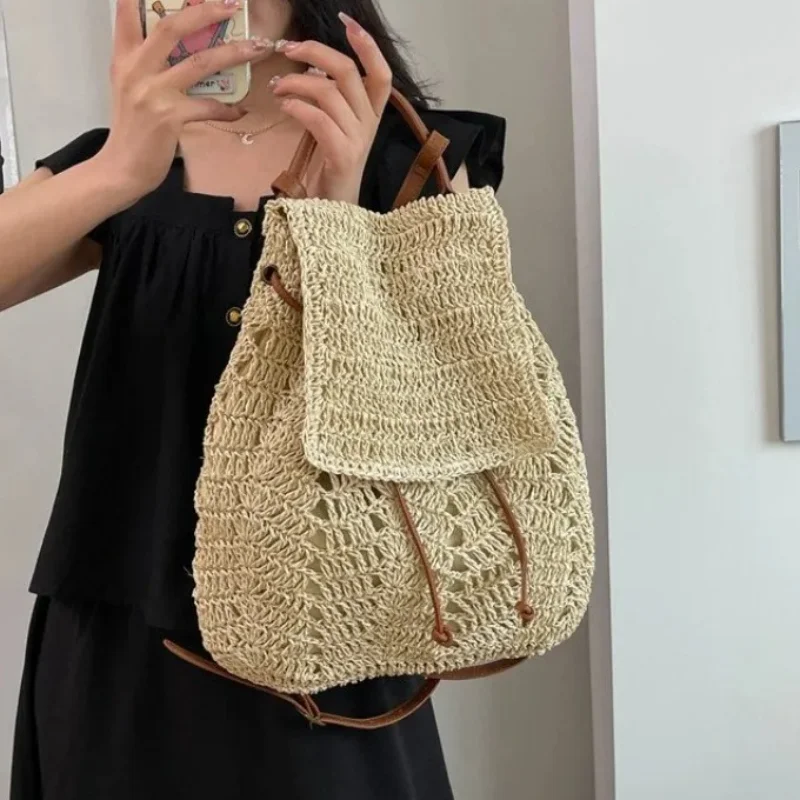 Large Capacity Straw Weaving Hollow Out Drawstring Backpacks 2025 New High Quality Versatile Commute Student Backpacks