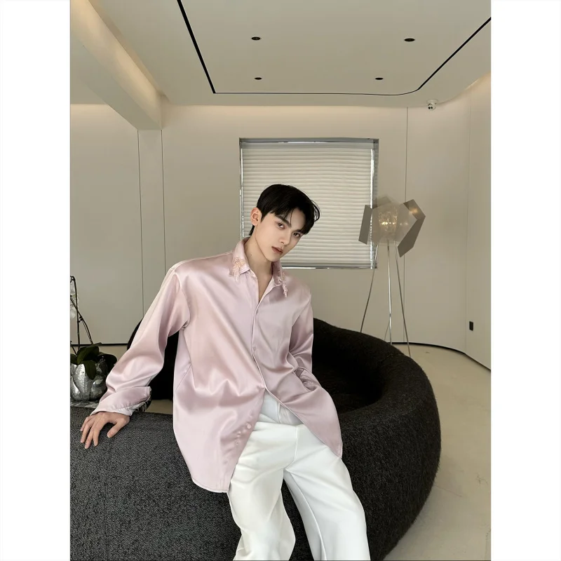 

Мужская атласная рубашка Ele с бисерной отделкой, роскошная, модная, весенне-летняя, с длинным рукавом, повседневная одежда