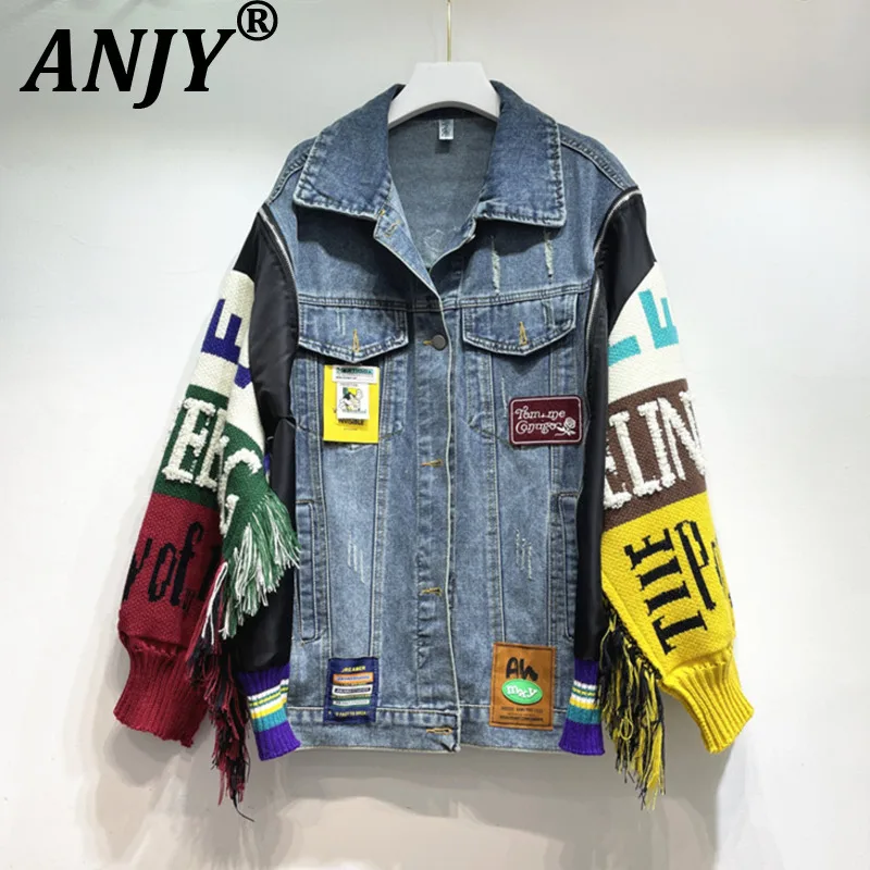 

ANJY, осенне-зимняя новая женская трендовая джинсовая куртка в стиле пэчворк с кисточками, модное пальто с вышивкой и буквами, шикарное пальто с карманами на молнии A13916