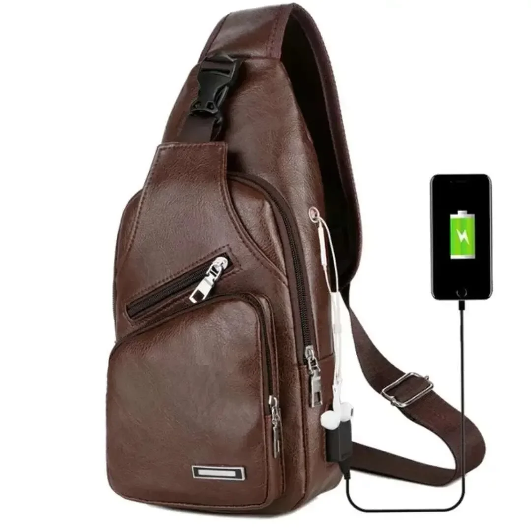 Simple and Fashionable Casual Solid Color PU Multifunctional USB Charging Zipper MEN'S Chest Bag Crossbody Bag for Commuting