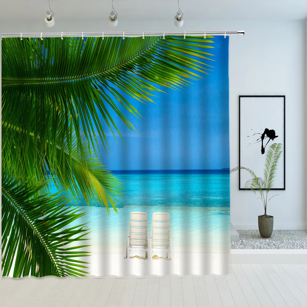 

Seaside Beach Scape Shower Curtain 3D Palm Trees Seascape Bathroom Waterproof Polyester Fabric Bath Screen Home Decor with Hooks