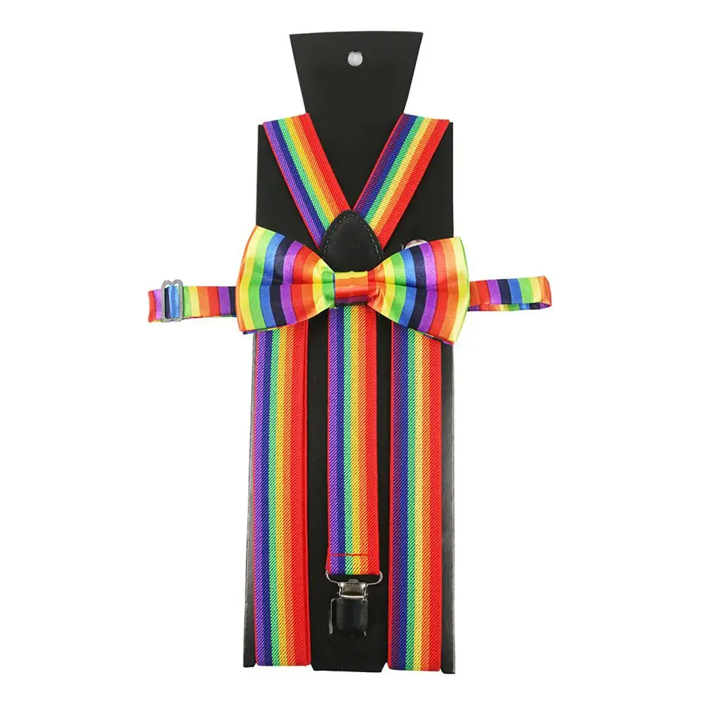 

2Pcs Colorful Rainbow Suspenders Bow Tie Set Party Dress up Accessory for Men Women Bright Decorative Photo Props