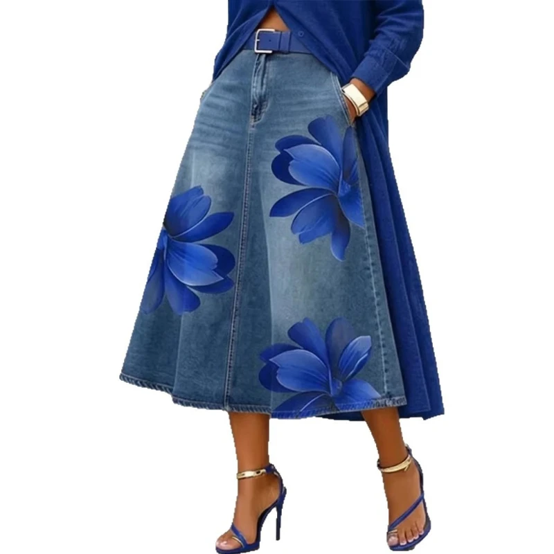 Denim Skirts Women Mid Length Skirt A Line Floral Print Pockets Elegant Splice Y2k Streetwear Work Beach Casual Washed Summer view 5