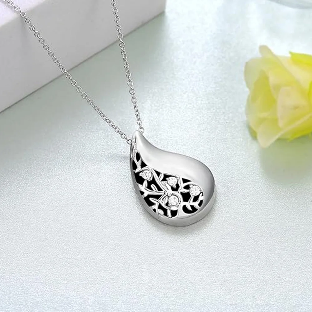 Cremation Jewelry Urn Necklace for Ashes Silver Teardrop Pendant Keepsake Necklaces Memorial Cremation Jewelry Gift for Woman