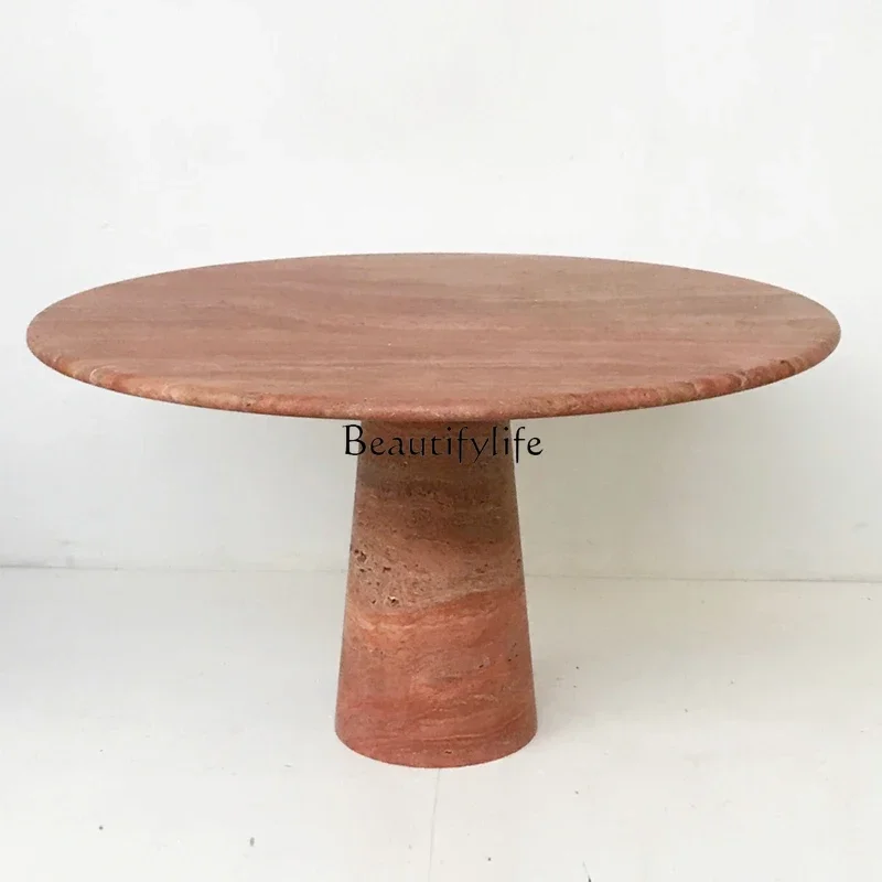 

66.LCream wind Nordic travertine dining table round light luxury small apartment marble round table