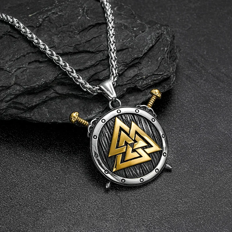 Nordic Viking Warrior Shield Pendant Necklace Men Fashion Vintage Stainless Steel Viking Valknut Necklace Jewelry Dropshipping