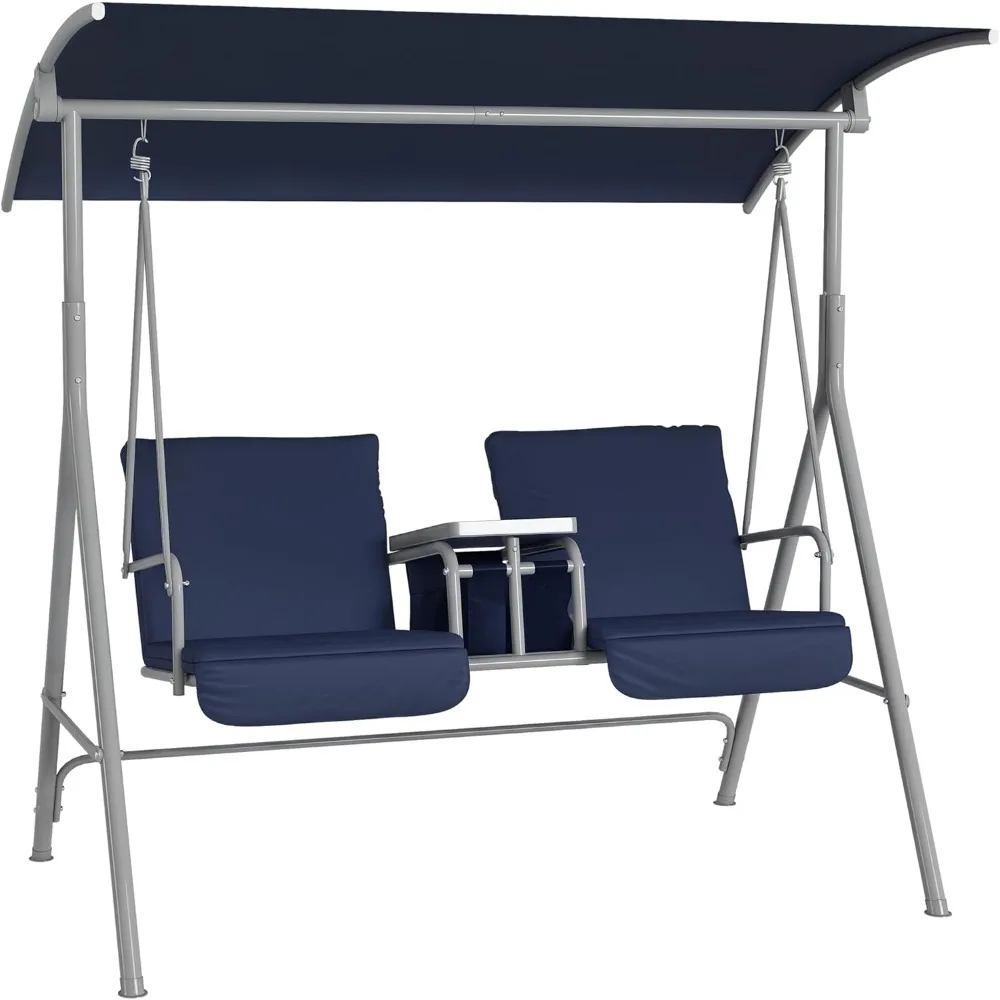 

2 Person Porch Swing with Stand, Outdoor Swing with Canopy, Pivot Storage Table, 2 Cup Holders, Cushions for Patio, Backyard