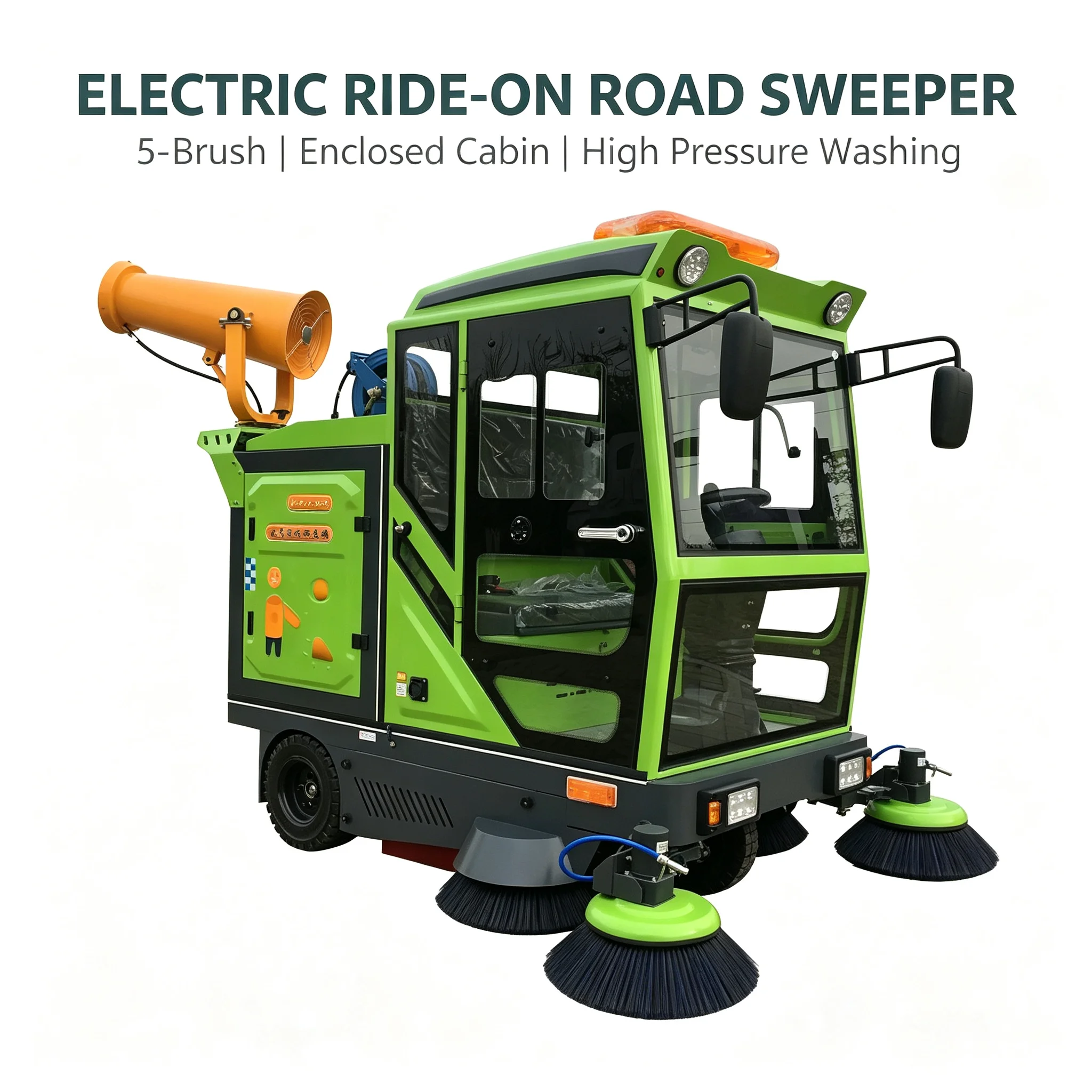 48V Electric Ride-on Sweeper 1900mm Enclosed 5-Brush Road Cleaning Machine with High Pressure Washer & Fog Cannon