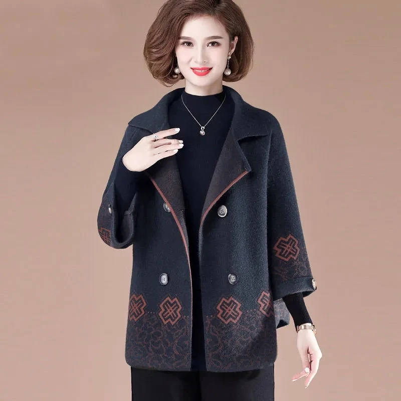 2024New Spring Autumn Large Size Cardigan Woolen Coat Women Middle-Aged Mother Jacket Lady Short Outerwear Loose Knit Top Female