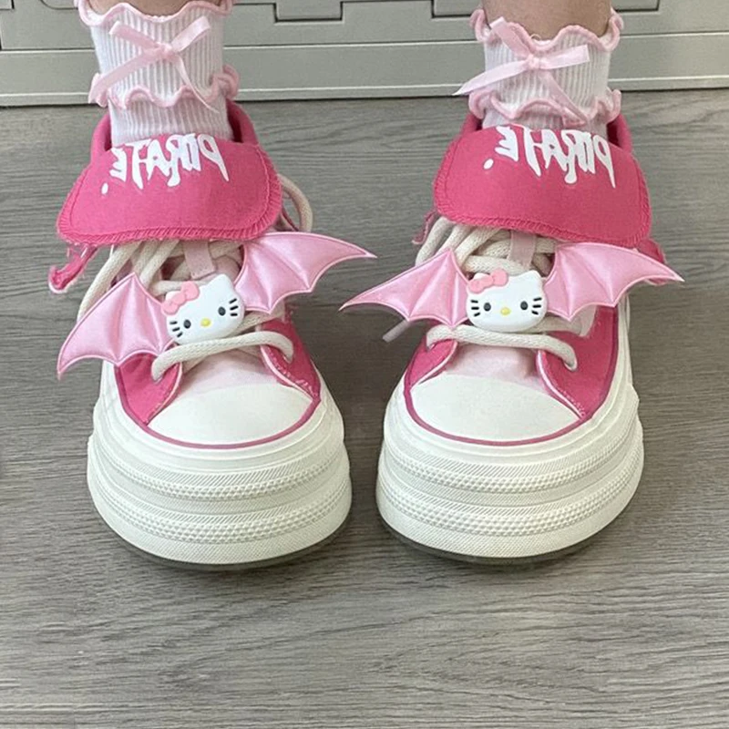 

Sanrio Hello Kittye Summer Thick Soled Versatile Cute Board Shoes Women's Versatile Casual High Top Canvas Shoes Festival Gift