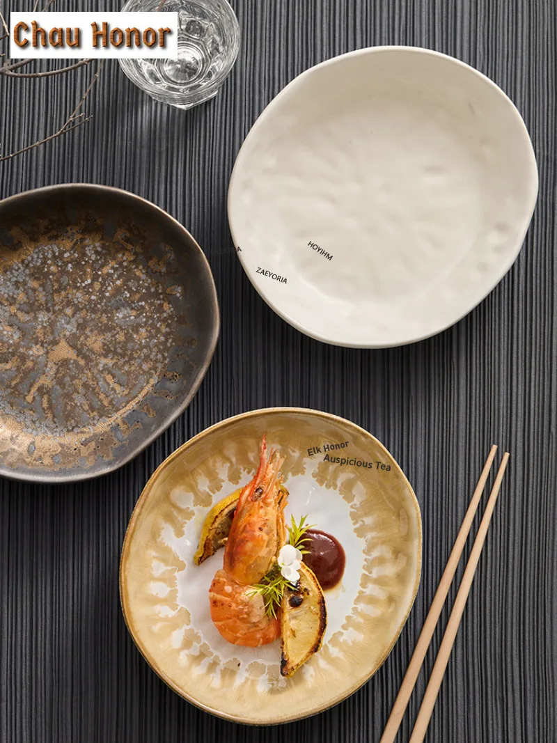 Hand Pinch Kiln Change Rustic Pottery Deep Plate Ceramic Tableware Creative Round Dish For Home Sushi Plate Dessert Dishware