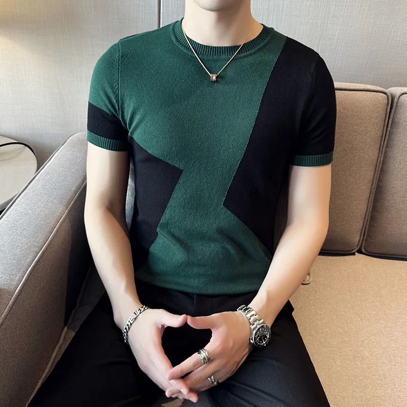 2023 Summer Contrast Color Knitted T-shirt Men Short Sleeve Round Neck Sweater Pullover Casual Business Social Tee Men Clothing