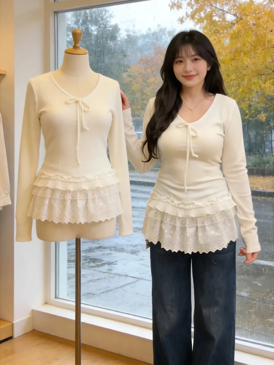 

Женская базовая футболка больших размеров с V-образным вырезом, длинным рукавом, кружевными вставками и узлом на талии, весенняя коллекция